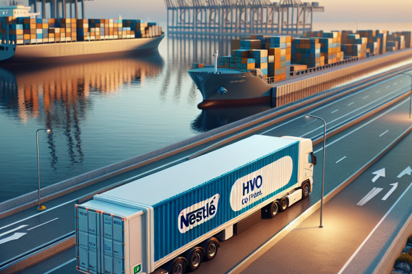Nestlé Reduce Emisiones Utilizando Biocombustibles HVO en Logística - Marketplace Insights - Imagen generada por IA